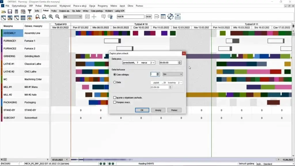 Ekran programy APS - modelowanie i symulacja procesów produkcyjnych